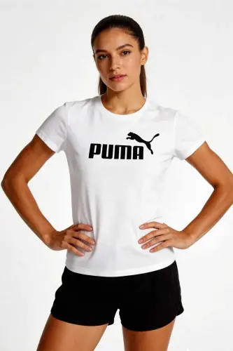 Kadın Beyaz Pamuklu Tişört - Siyah Logo Baskılı Sportif T-Shirt-Beyaz - 3