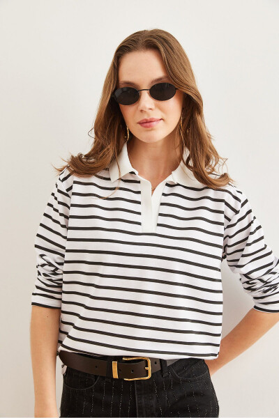 Kadın Beyaz Polo Yaka Çizgili Sweatshirt SWT-19000629-Beyaz - 2