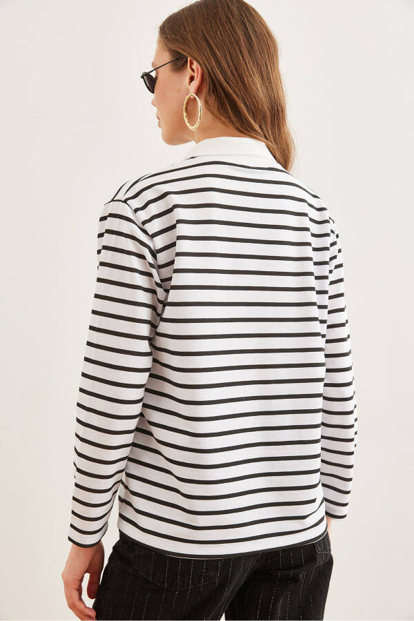 Kadın Beyaz Polo Yaka Çizgili Sweatshirt SWT-19000629-Beyaz - 6