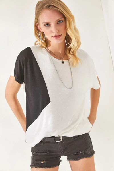 Kadın Beyaz Renk Bloklu Yarasa Örme Viskon Bluz BLZ-19002283-Beyaz - Modazone