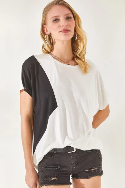 Kadın Beyaz Renk Bloklu Yarasa Örme Viskon Bluz BLZ-19002283-Beyaz - Modazone (1)