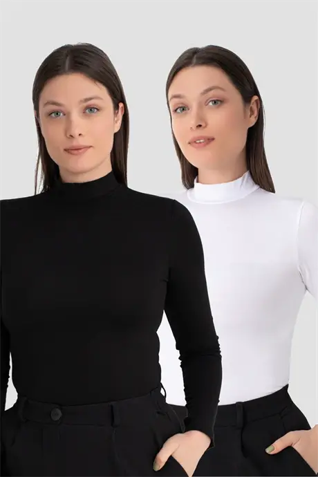 Kadın Beyaz - Siyah Balıkçı Yaka Uzun Kollu Body 2'li Paket - BÜYÜKBEDENIZ