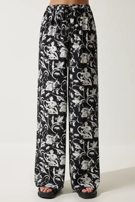 Kadın Beyaz Siyah Desenli Dökümlü Viskon Palazzo Pantolon EN00606-Beyaz Siyah - 5