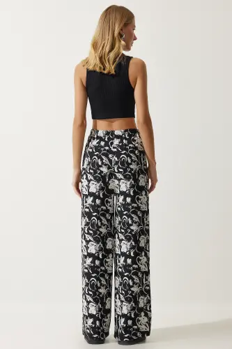 Kadın Beyaz Siyah Desenli Dökümlü Viskon Palazzo Pantolon EN00606-Beyaz Siyah - 7