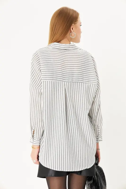 Kadın Beyaz-Siyah İnce Çizgili Oversize Uzun Basic Gömlek ARM-22Y001185 - Beyaz-Siyah - 5