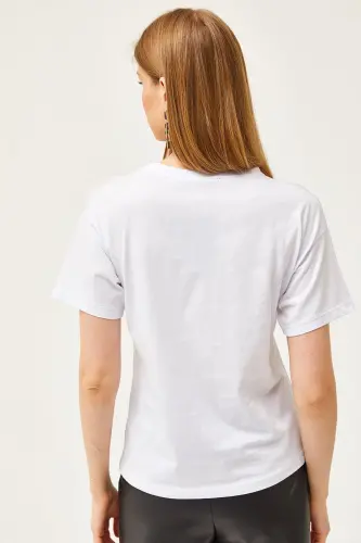 Kadın Beyaz Tül Garnili Nakışlı Tişört TSH-19000798-Beyaz - 2