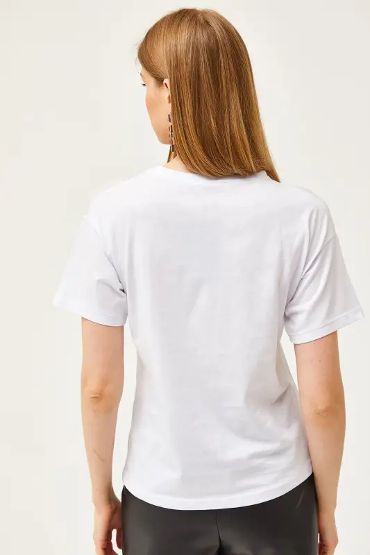 Kadın Beyaz Tül Garnili Nakışlı Tişört TSH-19000798-Beyaz - 2