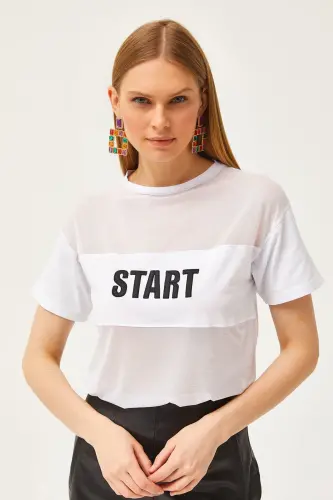 Kadın Beyaz Tül Garnili Nakışlı Tişört TSH-19000798-Beyaz - 3