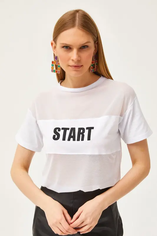 Kadın Beyaz Tül Garnili Nakışlı Tişört TSH-19000798-Beyaz - 3