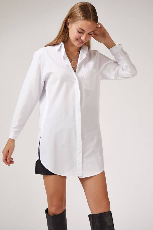 Kadın Beyaz Uzun Boyfriend Poplin Gömlek BP00045-Beyaz - 1