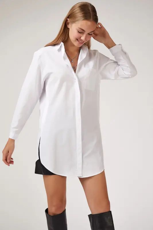 Kadın Beyaz Uzun Boyfriend Poplin Gömlek BP00045 - Beyaz - 1