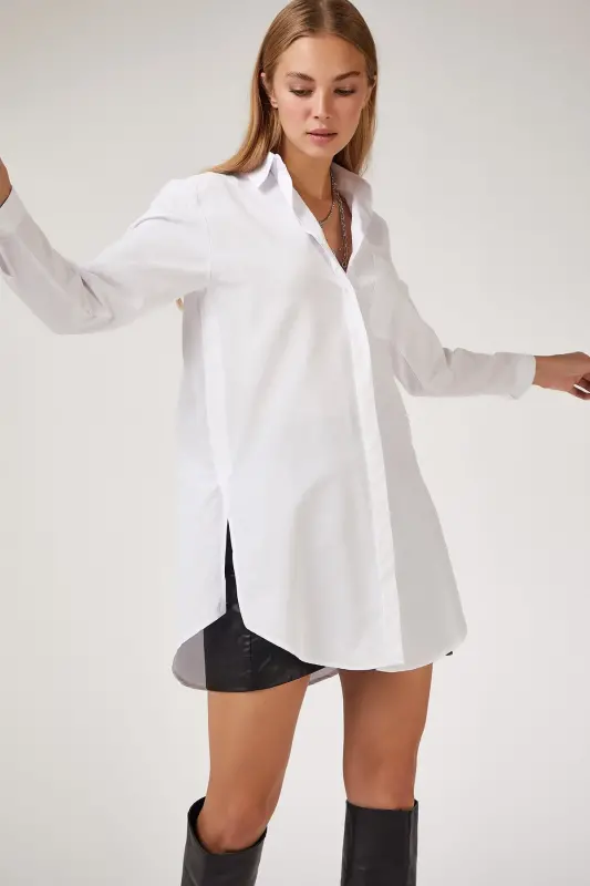 Kadın Beyaz Uzun Boyfriend Poplin Gömlek BP00045 - Beyaz - 2