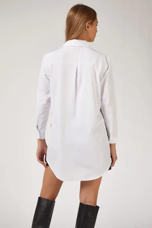 Kadın Beyaz Uzun Boyfriend Poplin Gömlek BP00045 - Beyaz - 3