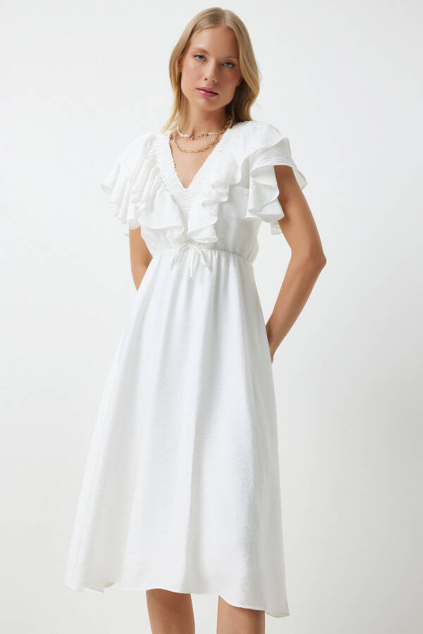 Kadın Beyaz Volanlı Yazlık Elastik Örme Elbise RV00196-Beyaz - 3