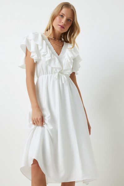 Kadın Beyaz Volanlı Yazlık Elastik Örme Elbise RV00196-Beyaz - 4