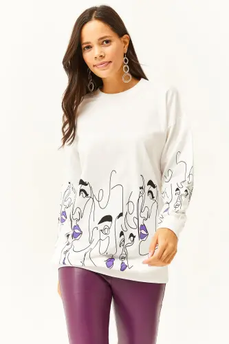 Kadın Beyaz Yüz Figürlü Oversize Sweatshirt SWT-19000632 - Beyaz - 2