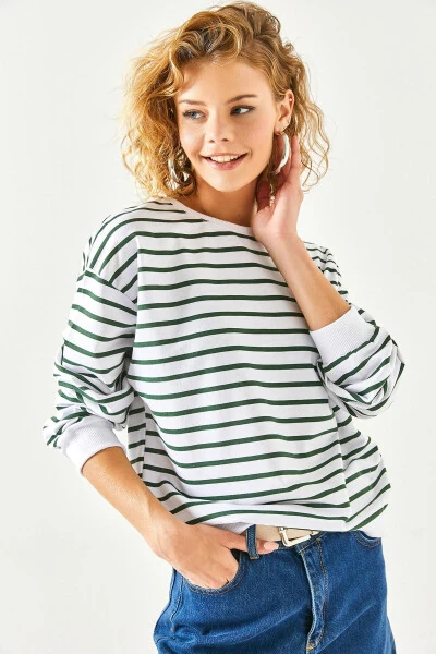 Kadın Beyaz Zümrüt Yeşili Basic Yumuşak Dokulu Salaş Sweatshirt SWT-19000457-Beyaz Zümrüt Yeşili - 5