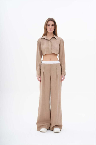 Kadın BG Çizgili Boxer Detaylı Crop Gömlek Bol Paça Fit Pantolon Takım Bej-bej - LEFON