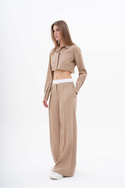 Kadın BG Çizgili Boxer Detaylı Crop Gömlek Bol Paça Fit Pantolon Takım Bej-bej - LEFON (1)