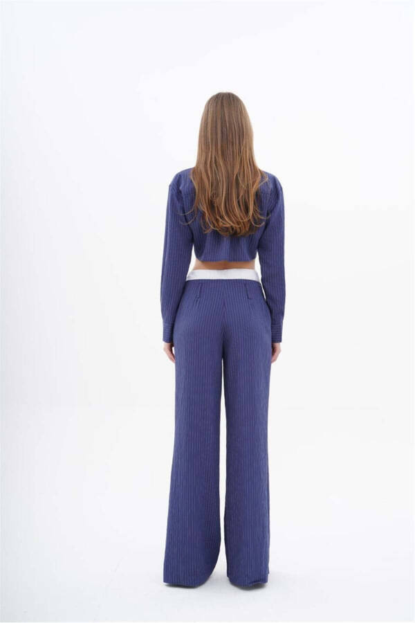 Kadın BG Çizgili Boxer Detaylı Crop Gömlek Bol Paça Fit Pantolon Takım Lacivert-lacivert - 3