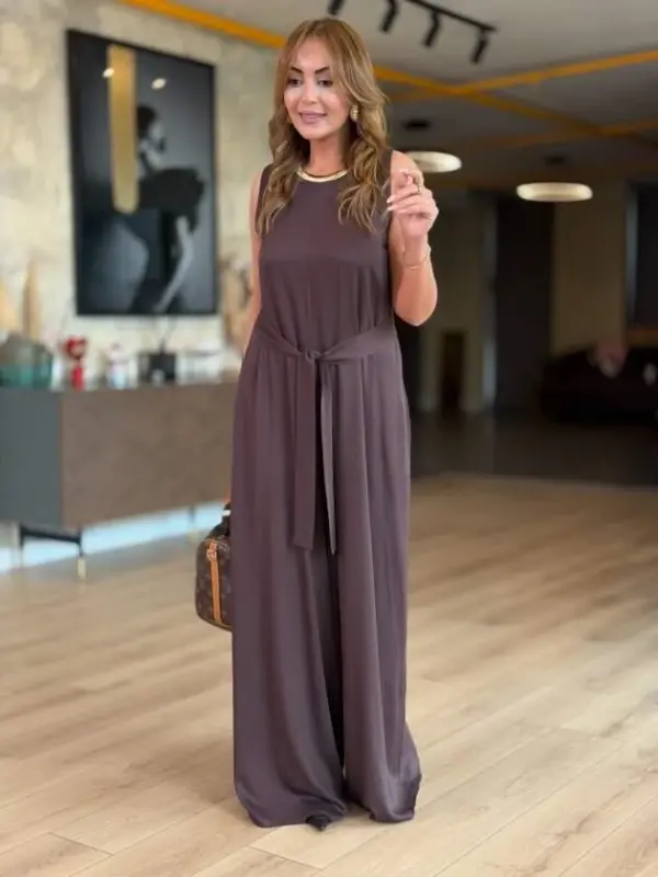 Kadın Bisiklet Yaka Beli Kuşak Detaylı Rahat Kesim Tulum - 1
