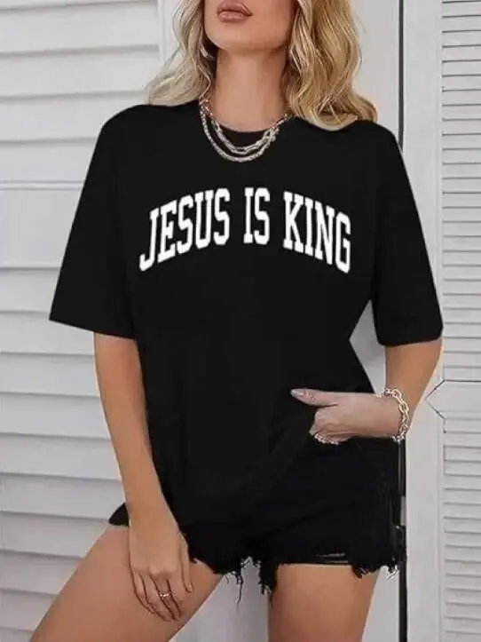 Kadın Bisiklet Yaka Kısa Kol Baskılı T-shirt - Siyah - BÜYÜKBEDENIZ