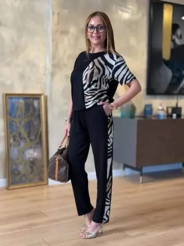 Kadın Bisiklet Yaka Kısa Kol Leopar Desen Bluz Ve Pantolon Ikili Takım - 6