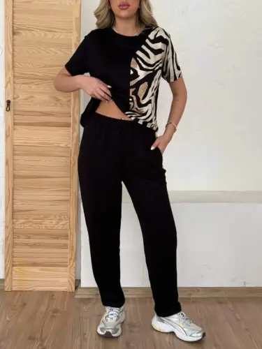 Kadın Bisiklet Yaka Kısa Kol Leopar Desen Bluz Ve Pantolon Ikili Takım - 4