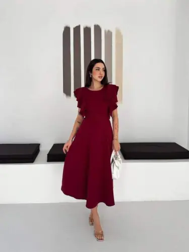 Kadın Bisiklet Yaka Kollar Fırfırlı Kemer Dahil Double Kumaş Midiboy Elbise - 1