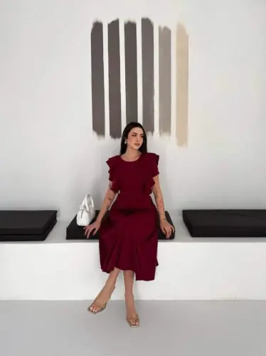 Kadın Bisiklet Yaka Kollar Fırfırlı Kemer Dahil Double Kumaş Midiboy Elbise - 2