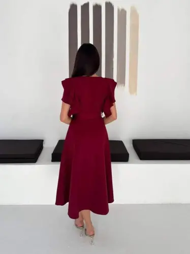 Kadın Bisiklet Yaka Kollar Fırfırlı Kemer Dahil Double Kumaş Midiboy Elbise - 3