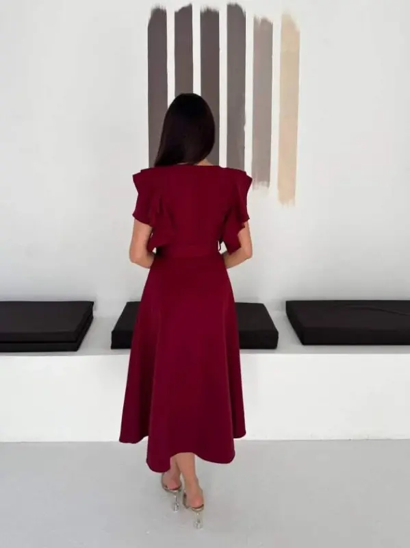 Kadın Bisiklet Yaka Kollar Fırfırlı Kemer Dahil Double Kumaş Midiboy Elbise - 3