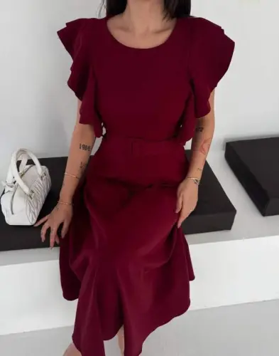 Kadın Bisiklet Yaka Kollar Fırfırlı Kemer Dahil Double Kumaş Midiboy Elbise - 4