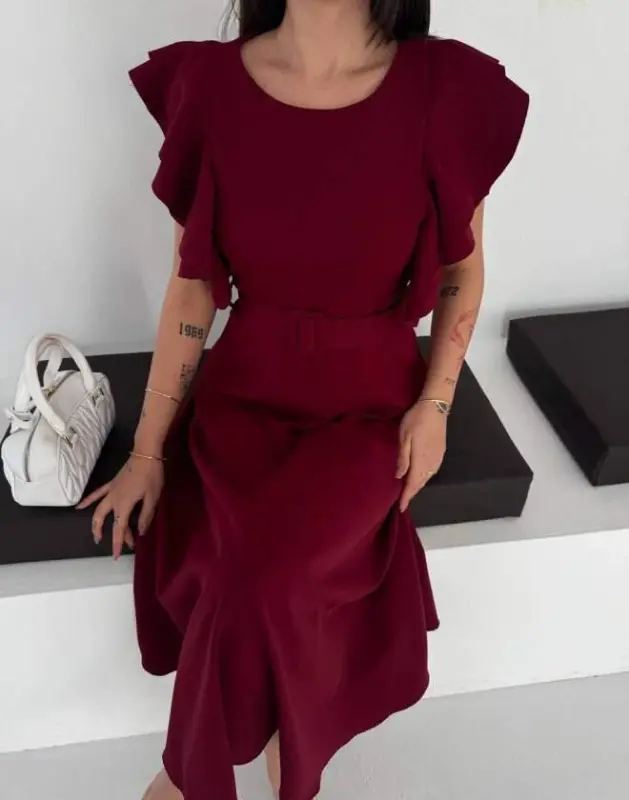 Kadın Bisiklet Yaka Kollar Fırfırlı Kemer Dahil Double Kumaş Midiboy Elbise - 4