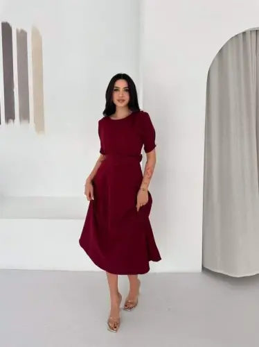 Kadın Bisiklet Yaka Kollar Fırfırlı Kemer Dahil Double Kumaş Midiboy Elbise - 5