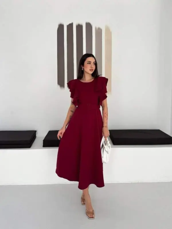 Kadın Bisiklet Yaka Kollar Fırfırlı Kemer Dahil Double Kumaş Midiboy Elbise - BÜYÜKBEDENIZ