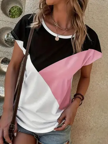 Kadın Bisiklet Yaka üç Renk Viskon T-shirt - BÜYÜKBEDENIZ (1)