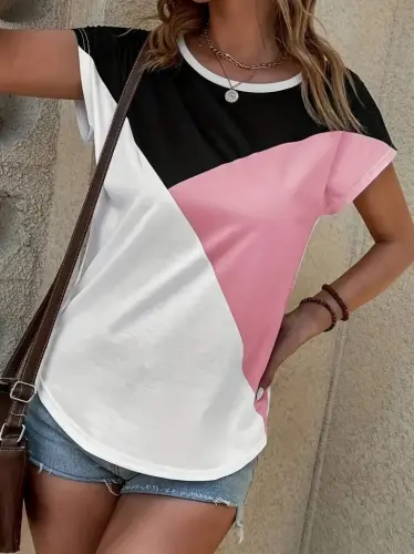 Kadın Bisiklet Yaka üç Renk Viskon T-shirt - 4