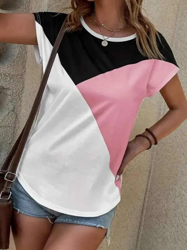Kadın Bisiklet Yaka üç Renk Viskon T-shirt - 4