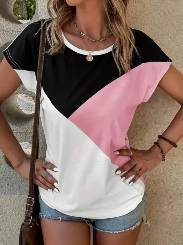 Kadın Bisiklet Yaka üç Renk Viskon T-shirt - BÜYÜKBEDENIZ