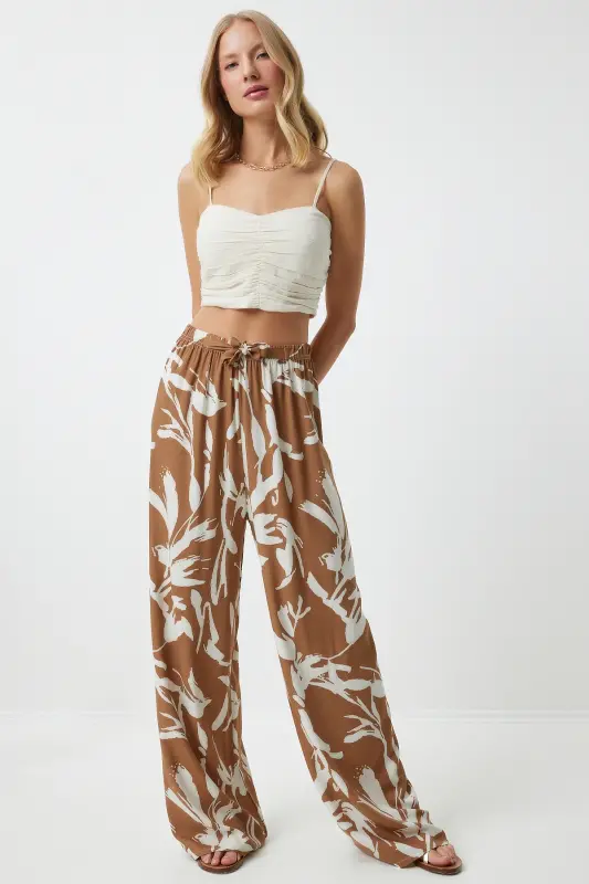 Kadın Bisküvi Beyaz Desenli Dökümlü Viskon Palazzo Pantolon EN00606-Bisküvi Beyaz - 2