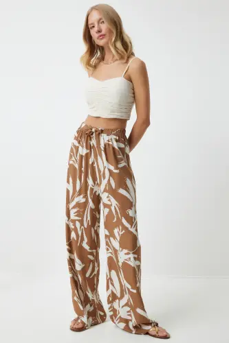 Kadın Bisküvi Beyaz Desenli Dökümlü Viskon Palazzo Pantolon EN00606-Bisküvi Beyaz - 3