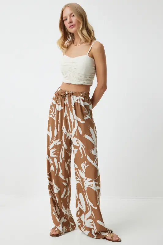 Kadın Bisküvi Beyaz Desenli Dökümlü Viskon Palazzo Pantolon EN00606-Bisküvi Beyaz - 3