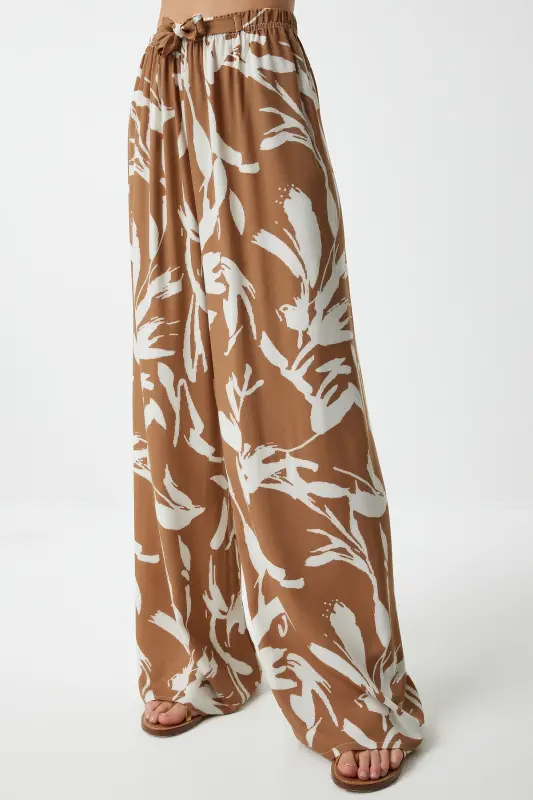 Kadın Bisküvi Beyaz Desenli Dökümlü Viskon Palazzo Pantolon EN00606-Bisküvi Beyaz - 4