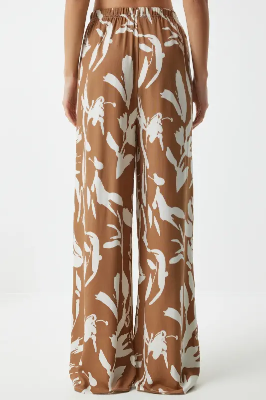 Kadın Bisküvi Beyaz Desenli Dökümlü Viskon Palazzo Pantolon EN00606-Bisküvi Beyaz - 6