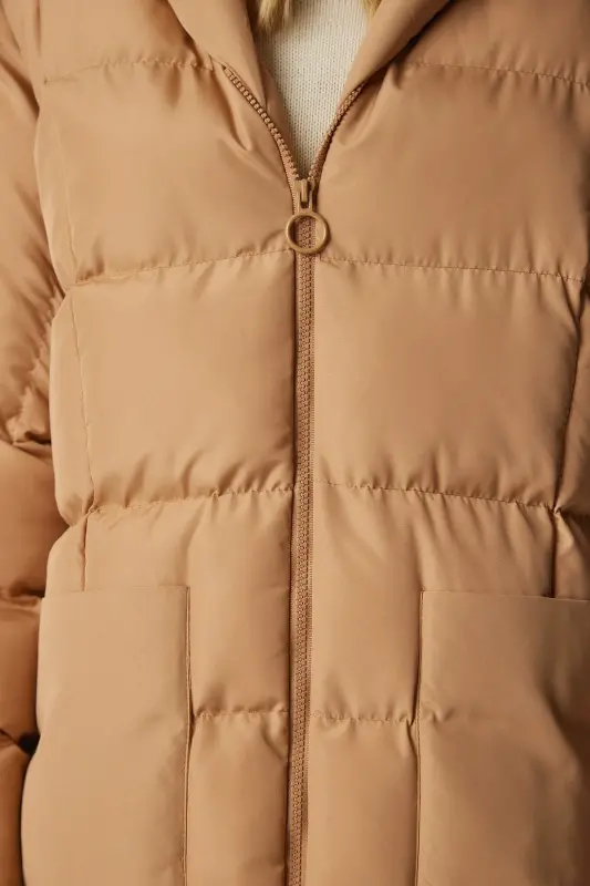 Kadın Bisküvi Kapüşonlu Oversize Uzun Şişme Kaban NT00428-Bisküvi - 6