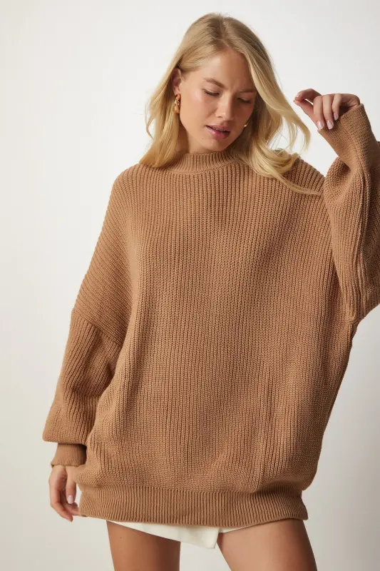 Kadın Bisküvi Oversize Basic Triko Kazak mx00126-Bisküvi - 3