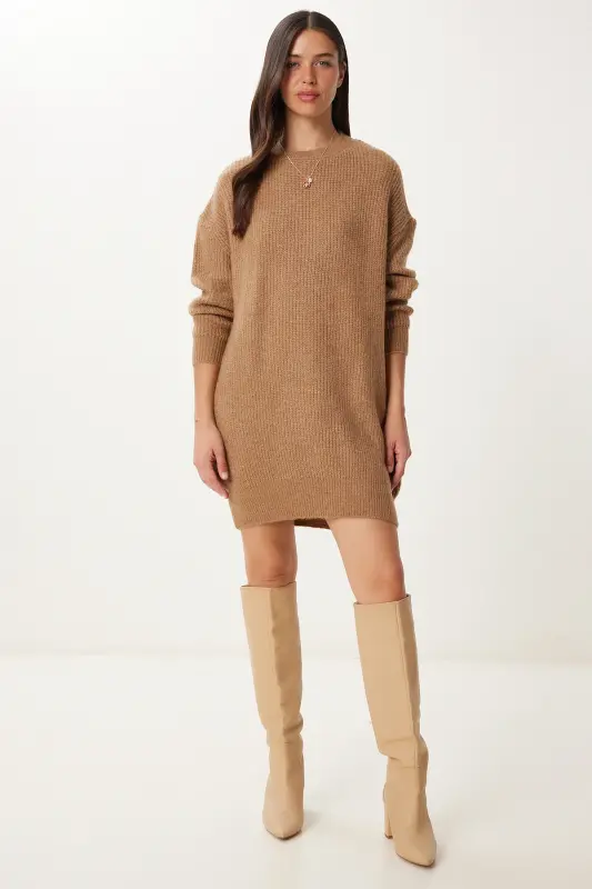 Kadın Bisküvi Oversize Uzun Basic Triko Kazak BV00099-Bisküvi - 1