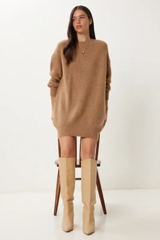 Kadın Bisküvi Oversize Uzun Basic Triko Kazak BV00099-Bisküvi - 2