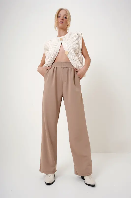 Biscuit Palazzo-Hose mit hoher Taille, doppelten Taschen, plissiert und Klettverschluss ALC-X10753 - Kekse - 2